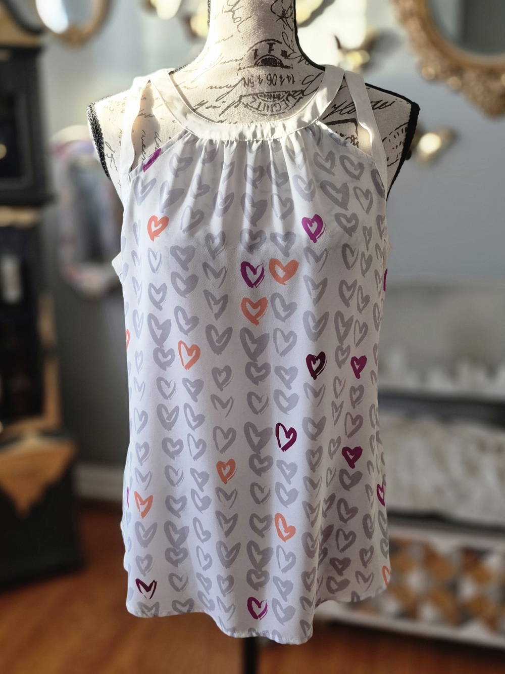 Candie's White Halter Tank with Pink & Orange Heart Accents Small